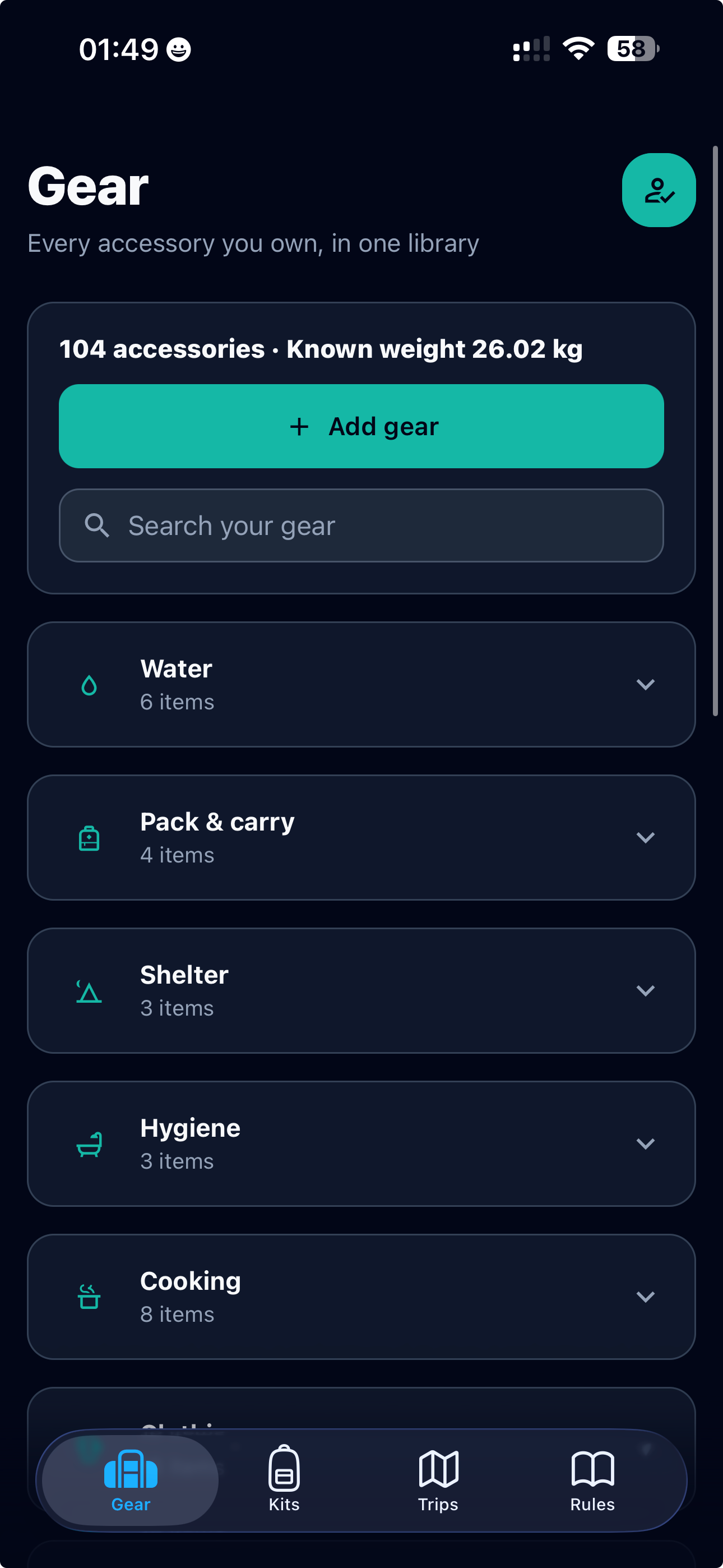 GearPulse Gear screen with equipment grouped by category and known weight